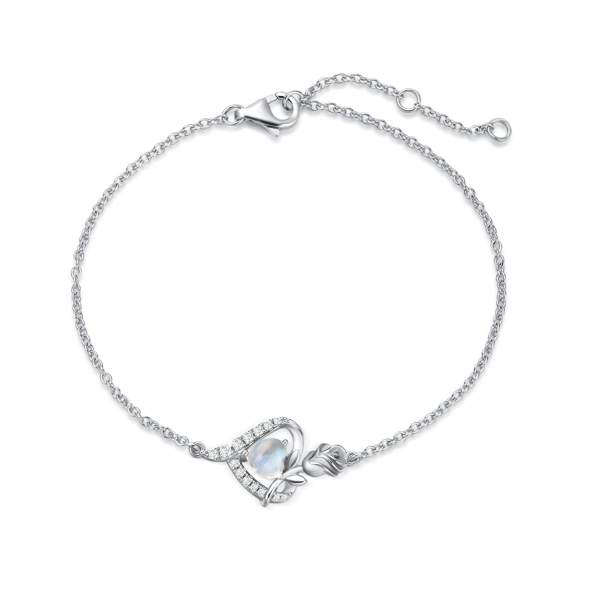 FANCIME Rose Heart Bracelets for Women 925 Sterling Silver June Birthstone Natural Moonstone Bracelet Fine Jewellery Gifts Christmas Birthday Valentine's Mother's Day Present for Her Wife Ladies Mum