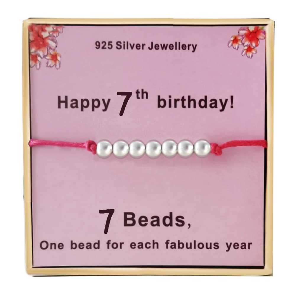 Kenwiv Birthday Gifts for 7th Girls Silver Beads Bracelet Presents Cards for 7 Years Old Girls 7yrs Young Little Girls Unique Gift Idea