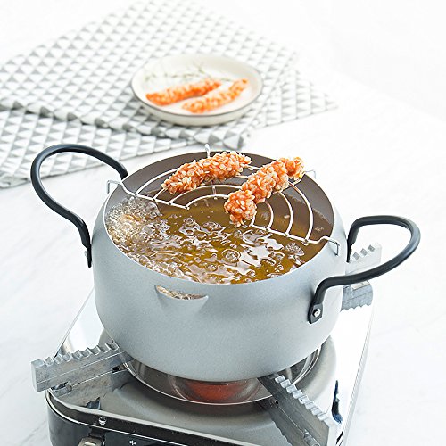 Tempura Fryer Pot, Mini Deep Fry Pan with Drainer Mini Deep frying pan with oil frying pan 8 IN silvery