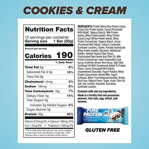 PURE PROTEIN COOKIES AND CREAM PROTEIN BARS – 20G PROTEIN, 3G SUGAR, 190 CALORIES (12 COUNT) LOW SUGAR* HIGH PROTEIN SNACK – GLUTEN FREE – PERFECT FOR A HEALTHY SNACK