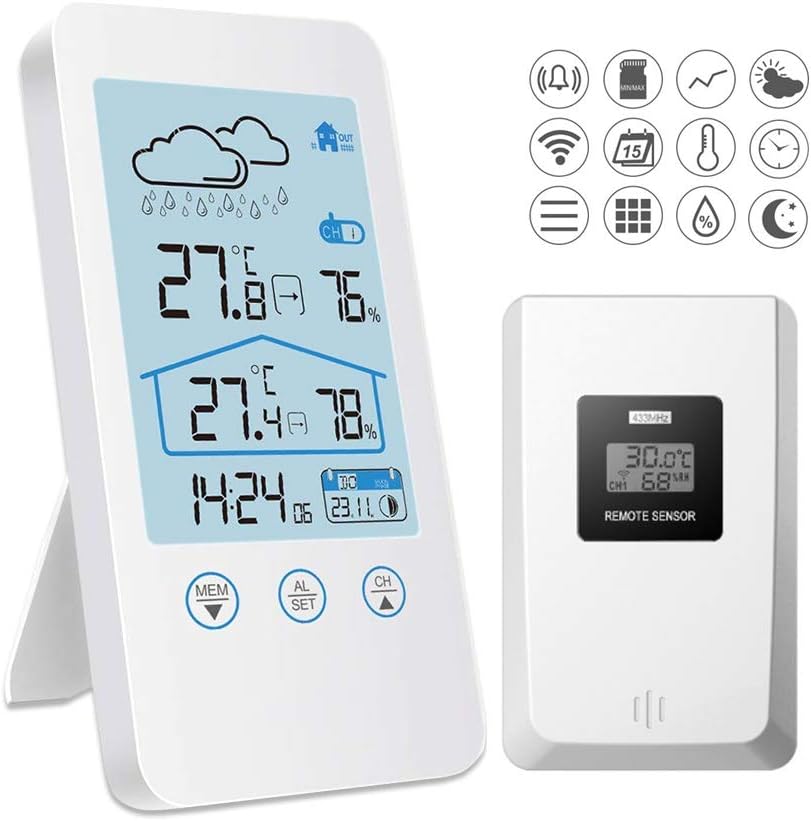 MojiDecor Weather Station, Wireless Digital Indoor Outdoor Thermometer Humidity Radio Controlled Weather Station Clock, Weather Stations with Outdoor sensor Wireless Weather Station Radio -White