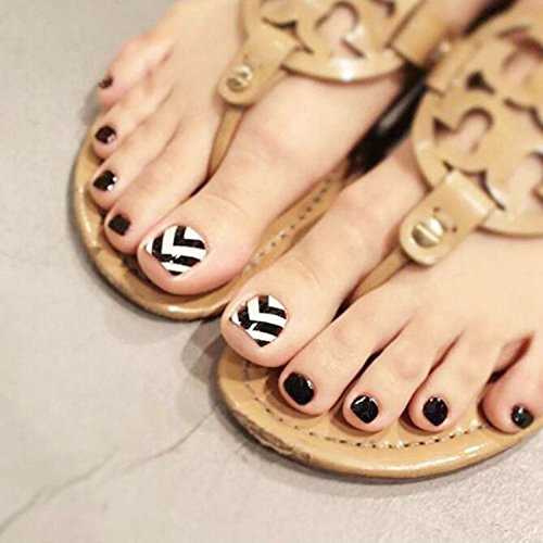 Yean Set of 24 False Nail for Toe Exquisite Bridal Black and White Stripy Fake Nail for Toes Full Cover Nail Tips - Press on Nail Short Square with Glue and Adhesive Tab for women and girls