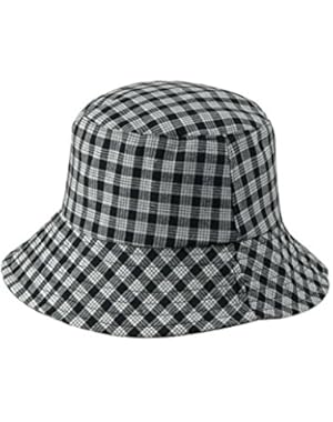 Women Checked Foldable Sunshade Breathable Flat Top Vacation Bucket Hat