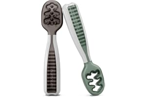 NumNum Baby Spoons Set, Pre-Spoon GOOtensils for Kids Aged 6+ Months - First Stage, Baby Led Weaning (BLW) Spoon - Self Feeding, Silicone Toddler Food Utensils - 2 Spoons, Gray/Green