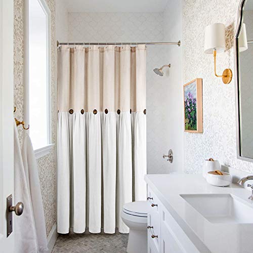 Reisen Linen Farmhouse Shower Curtain Button Beige and White Shower Curtains for Bathroom, 72\