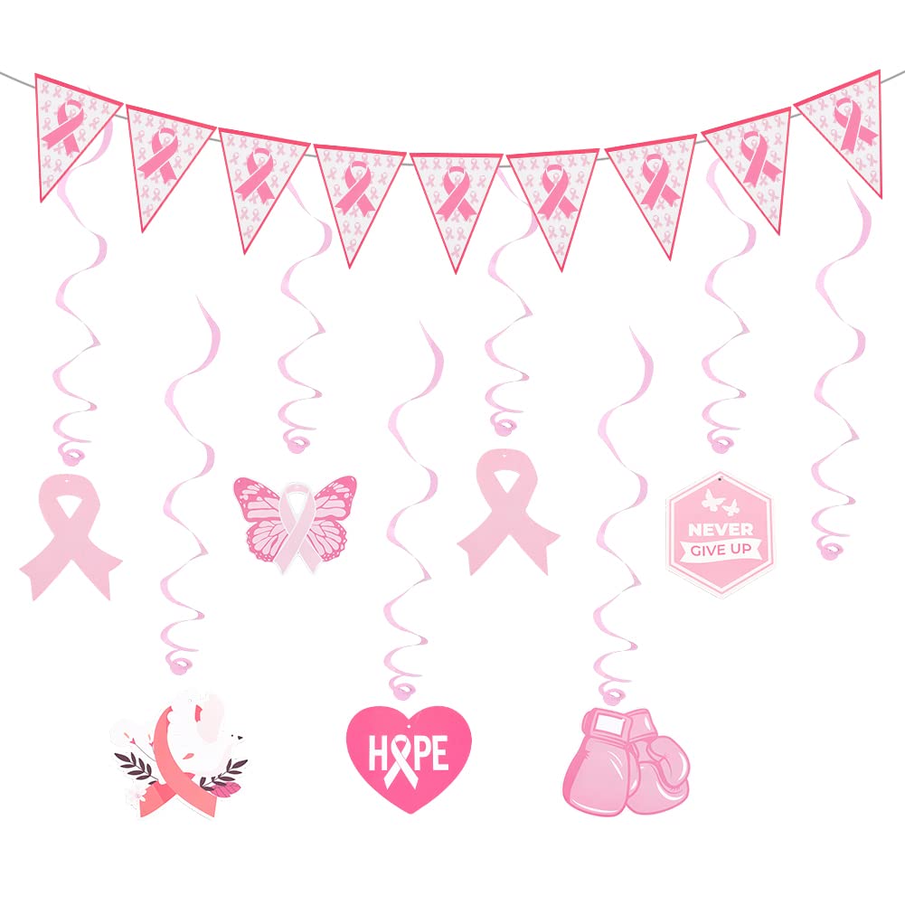 AHANDMAKER Breast Cancer Awareness Decorations, Pink Ribbon Pennant Banners Wall Hanging Hope Butterfly Bird Swirls Set for Breast Cancer Awareness Party Fundraising Charity Event Accessories