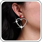 Andelaisi Boho Crystal Heart Dangle Earrings Red Ruby Heart Stud Earrings Glitter CZ Hollow Heart Drop Earrings Large Heart Earrings Jewelry for Women