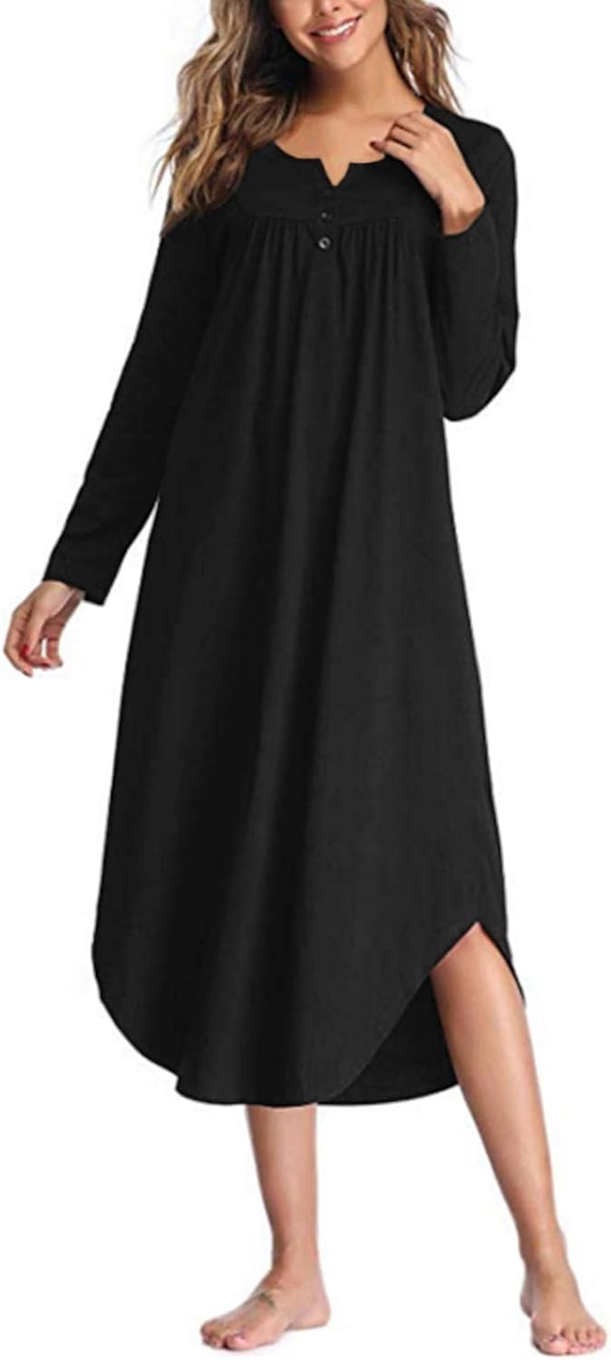 SUNNYME Womens Long Nightdresses Long Sleeve Nightshirts Curved Hem