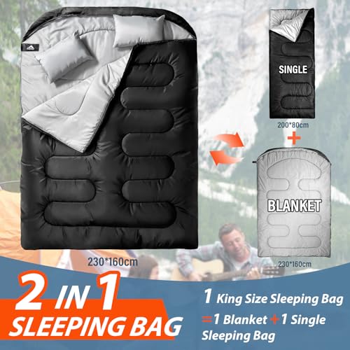 MEREZA Double Sleeping Bag for Adults Mens with Pillow, XL Queen Size Two Person Sleeping Bag for All Season Camping Hiking Backpacking 2 Person Sleeping Bags for Cold Weather & Warm