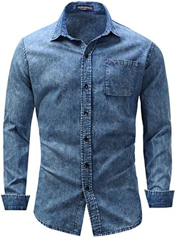 Fairishe Men's Turn Down Collar Long Sleeve Casual Denim Button Down Shirt With Pocket
