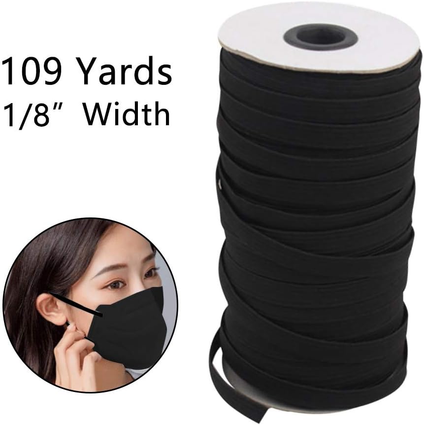 KNAGHT White Black Woven Flat Elastic Band for Mouth Face Masks, 100m Braided Elastic Band Elastic Cord Flat Elastic String Cord/Elastic Rope/Bungee for DIY Sewing Crafts (Black, 3mm)