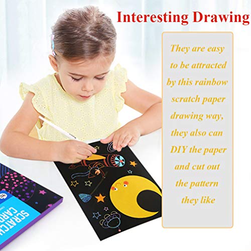 STKYGOOD Rainbow Scratch Paper Scratch Art Paper 50 Pcs Rainbow Sketch Pad Black Doodle Pad Scratch Painting with 5 Wooden Stylus 4 Drawing Molds