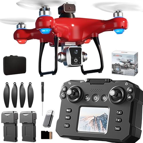 KY102 Drone con controlador de pantalla con tarjeta SD, motor sin escobillas, ubicación de flujo óptico, evitación de obstáculos activa, 2 baterÃas, un toque de despegue/aterrizaje. (rojo)