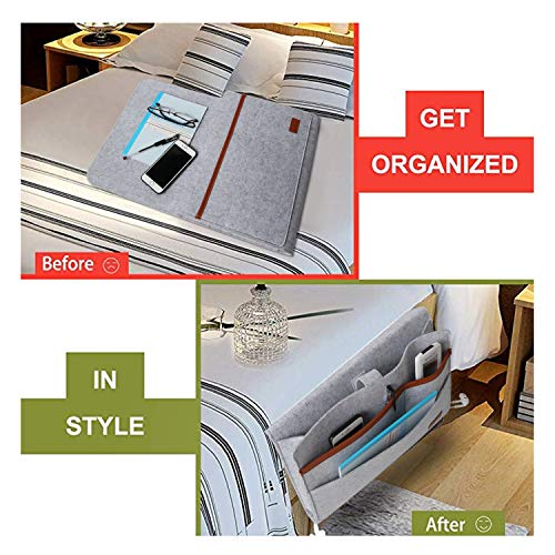 MEYUEWAL Felt Bedside Caddy, Bedside Hanging Storage Organizer with Anti-Slip Velcro for Sorting Magazine, Tablet, Phone, Earphone, Remote, Glasses, Pen - Dark Grey (Light gray)