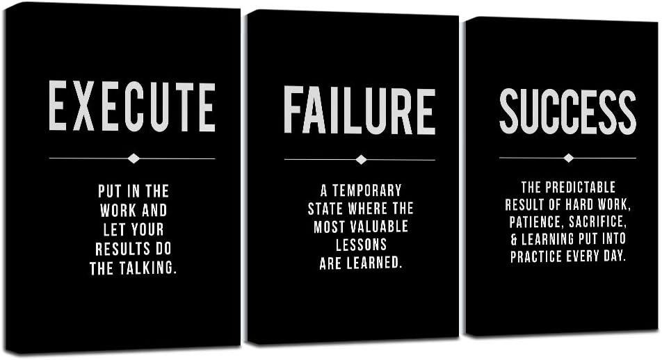 Wall Décor - Framed Canvas Wall Art Success Quote For Office, Black Large Positive Motivational Poster, Set of 3, Execute Failure Definition, Inspirational Print (A-3pcs,12x16inchx3pcs)