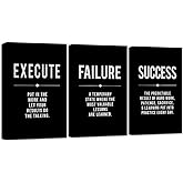 Framed Canvas Wall Art Success Quote For Office, Black Large Positive Motivational Poster, Set of 3, Execute Failure Definiti