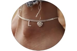 Sewyer Dainty Silver Initial Anklets for Women 14K Plated Sparkle Ankle Bracelets Simple Personalized Letter Anklet CZ Heart Cuban Chain Everyday Summer Jewelry Gift for Her