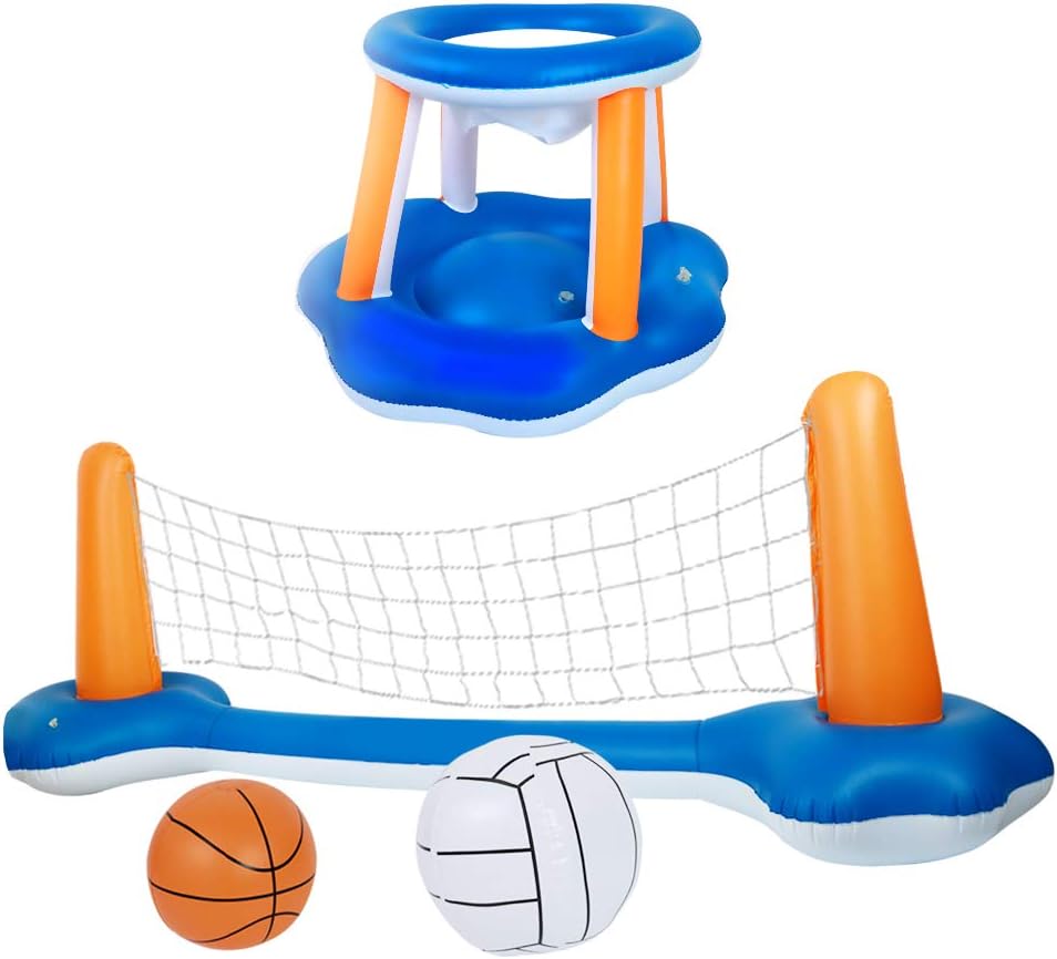 Inflatable Pool Float Set Volleyball Net and Basketball Hoops, Floating Pool Swimming Game Toys, Water Sports Inflatable Pool Volleyball Set for Adults - Volleyball Net & Basketball Hoops: Toys & Games