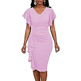 Bdwinz Summer Church Dress for Women V Neck Ruffle Short Sleeve Bodycon Work Midi Dresses