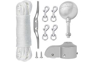 NQ Flagpole Hardware Repair Parts Kit,50 Feet Halyard Rope+3" Silver Ball+6" Zinc Alloy Cleat+4 Metal Swivel Snap Clips+Aluminum Alloy Flagpole Truck with Nylon Pulley for 1.6"-2" Flag Poles