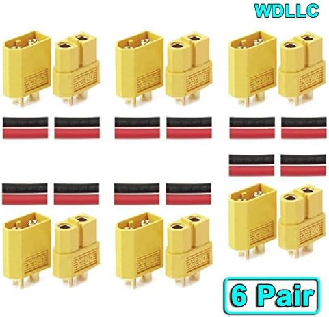 XT60 / XT-60 Drone Bullet Battery Connectors Power Plugs RC Lipo 12pcs = 6 male + 6 female + 12" Heat Shrink Tubing / WDLLC