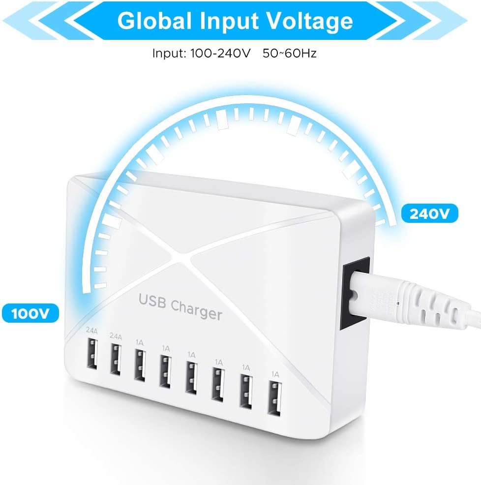 Multi Port USB Charger Station,8-Port Desktop Multi USB Charger，USB Charging Hub with Smart Detect，Multiport USB Charging Station for Smartphone, Tablets and Other Multiple Devices（White）: Electronics