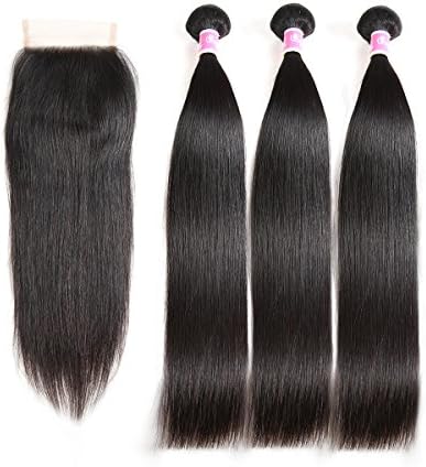 Queen Mary Hair Brazilian Virgin Hair 3 Bundles with Lace Closure Free Part Unbleached Knots Unprocessed Brazilian Virgin Human Hair Silky Straight Weave Hair Extensions (10" 12" 14"+10")