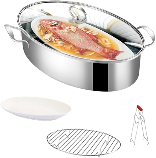 Fish Poacher Steamer Stainless Steel Pot Pan Elliptical Shape
