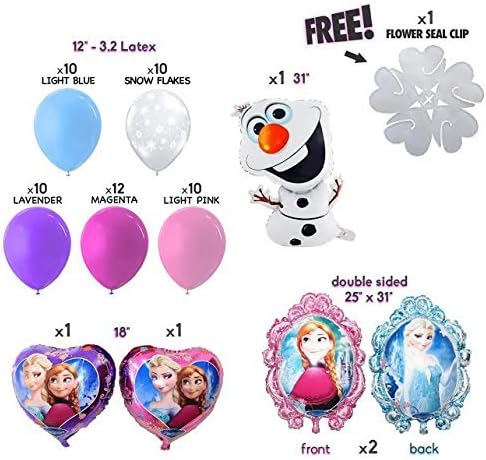 Disney Frozen Foil Balloons featuring Mylar, Elsa, Ana, Olaf and 12" 3.2 Helium Latex Pearl Balloons - Pink, Lavender, Silver, White and Magenta, 57 Count. Make Your Event A Celebration.