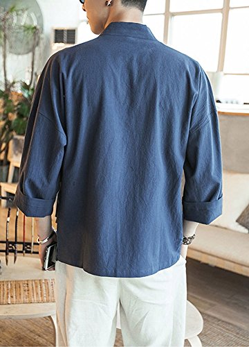 Plaid&Plain Men's Vintage Kimono Cardigan Casual Linen Pocket Cardigan Coat Navy L
