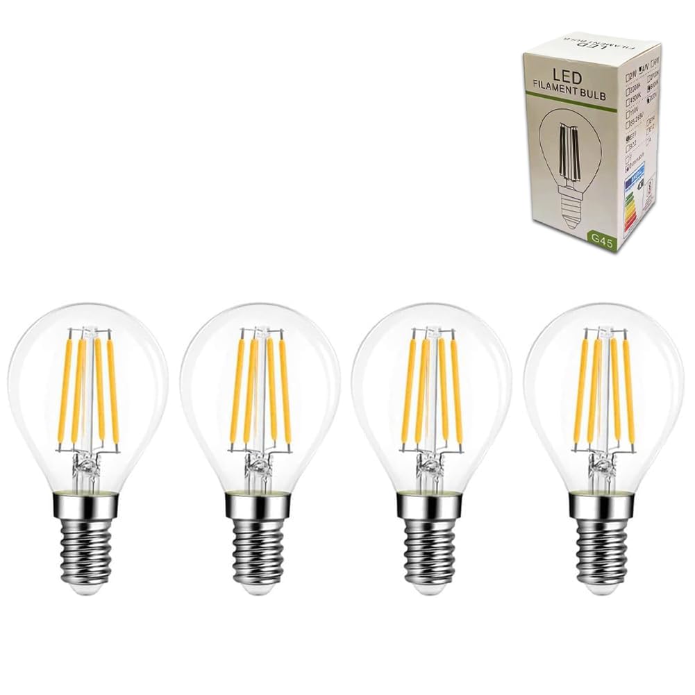 Xnordcaper G45 E14 Dimmable Golf Ball LED Light Bulbs, 4W Energy Saving G45 Mini Globe LED Filament Light Bulb Clear Glass 2700k Warm White E14 SES Small Edison Screw Bulbs, 40W Equivalent, Pack of 4