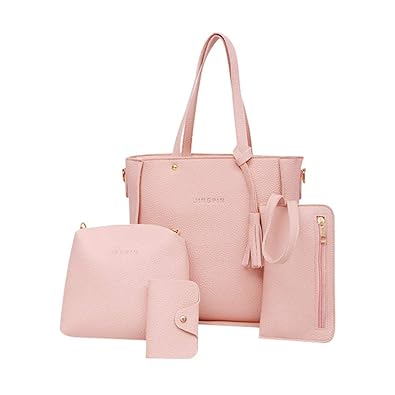 1989Candy 4pcs/set Litchi Leather Tassel WomenHangbag And Tote Shoulder Handbag Clutch Card Bags