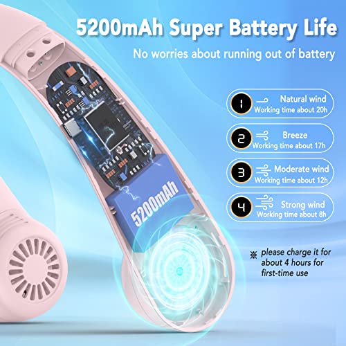 Portable Neck Fan, 5200mAh Bladeless Neck Fan 4 Speeds Adjustment with Digital Display, USB Rechargeable Neck Fans for Women and Men, Great for Home Office Camping Hiking (Pink)