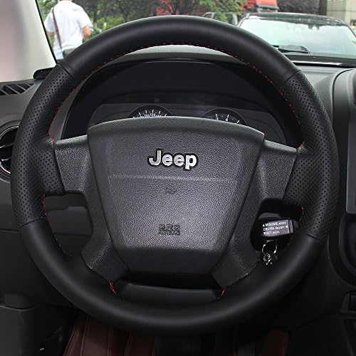 16sixteen Luxury Hand Sewing Anti-slip Patchwork Premium Nappa Leather Stitch On Car Steering Wheel Cover for 2010 Jeep Compass, Black Cover, 9 Color Thread