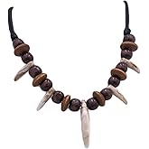 MOKAVIKY 25 Adjustable Tribal Wolf Tooth Necklace for Women Men Resin Wolf Tooth with Woody Beaded Necklace