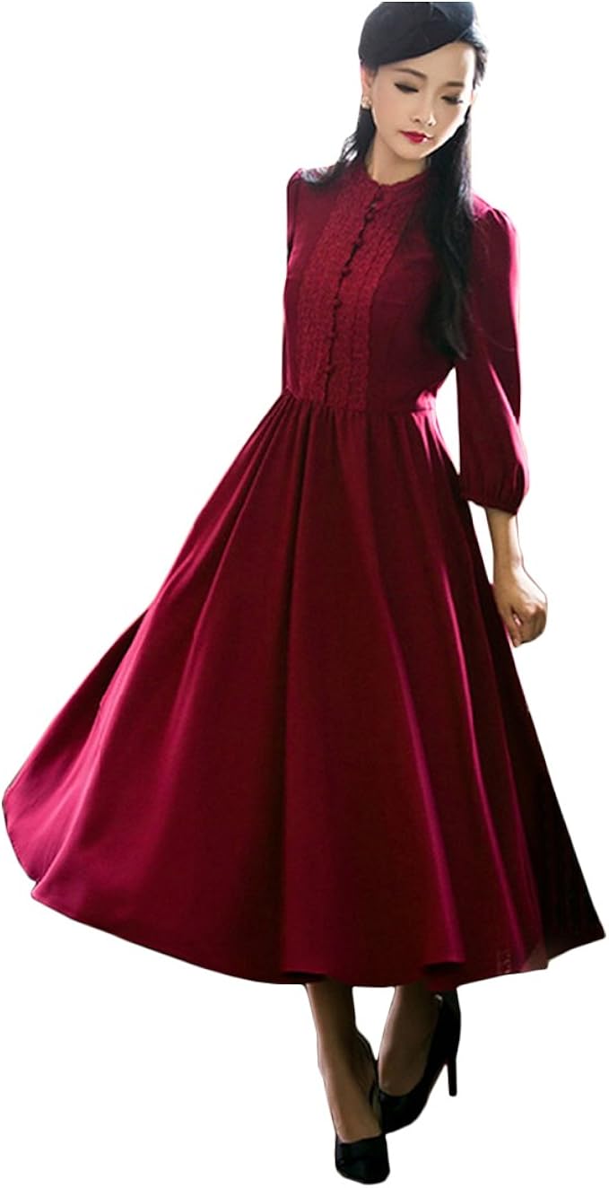 Amazon コージーエージ Cozyage ヴィンテージ風ワンピース マキシ丈ワンピ レトロワンピース ロング お嬢様ワンピ フレアワンピース ハイウエスト 復古系ワンピース Aラインワンピース 結婚式 無地 パーティードレス 通販
