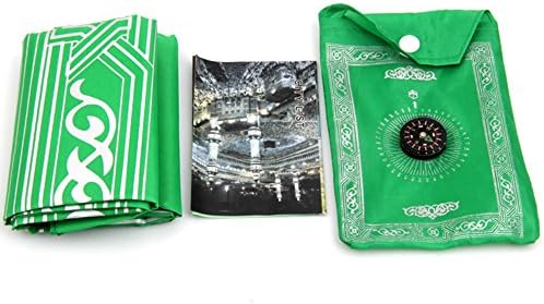 cyclamen9 Muslim Prayer Rug with Compass,Pocket Sized Portable Black Color Carry Bag and Attached Compass Praying Rug Portable Nylon Waterproof Easy Praying Mat (Green)