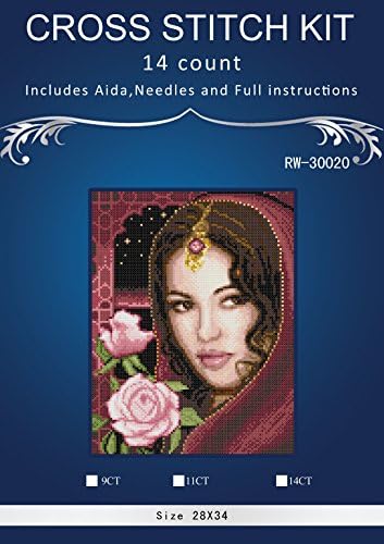 Oneroom 28x34cm Wall Home Decor Character Beauty and flowers White Canvas 14ct DMC Counted DIY Cross Stitch Kits Cross-stitch Set Embroidery Needlework Similar Dim