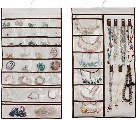 IDecHome Hanging Jewlery Organizer, Dual Sided Pockets Hooks Non-Woven Storage Bag, Beige