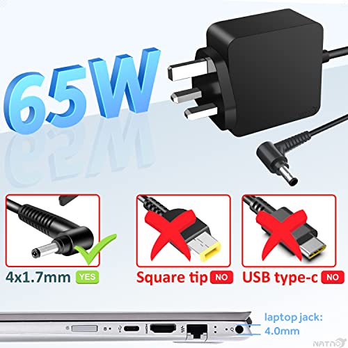 NATNO 65W AC Adapter Charger for Lenovo IdeaPad 330 330s 320 310 100 110 110S 120 120S 510 S340 S145 710S, Flex 3 4 5 6 Laptop 4.0 * 1.7 mm Round Tip Power Supply Cord(DL65200325)