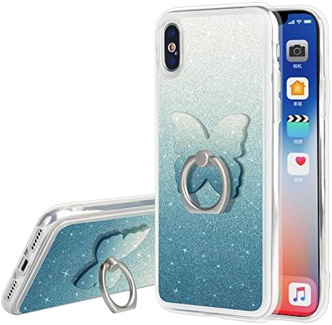 iPhone X Bling Case, Fashion Pretty Glitter Sparkle Soft Rubber TPU Anti-Slip Protective Case with Butterfly Shape Cell Phone Ring Holder for iPhone X/10 - Blue
