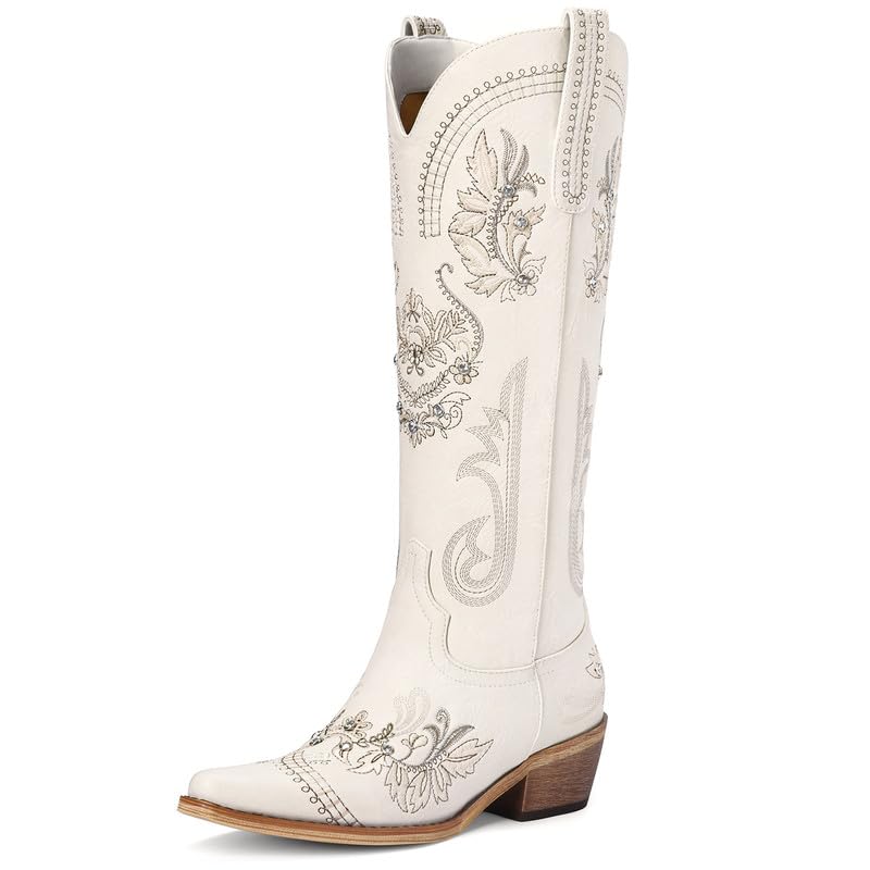 Photo 1 of Dixhills Cream Cowboy Boots for Women - Wide Calf Knee High Cowgirl Boot, Glitter Sparkly Rhinestone Western Country Wedding Boots with Classic Embroidery, Pointed Toe Pull,size 6