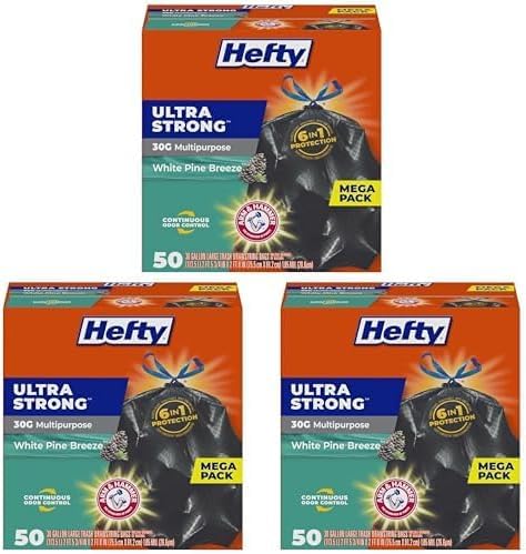 Hefty Ultra Strong Trash Bags, Large, White Pine Breeze | 30 Gallon | Multipurpose | Black | 50 Count, Pack of 3