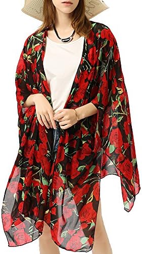ZISUEX Women Chiffon Kimono Cardigan Blouse Lightweight Cover Up Silk Shawl Bat Sleeve Bikini (Black Red-33)
