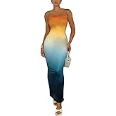 LIGHT DOT Women's Summer Dress Ombre Strapless Tube Gradient Bodycon Long Side Slit Mesh Layered (Orange Blue,L)