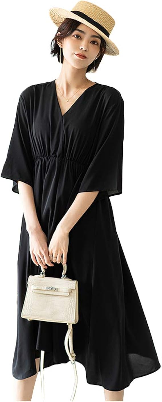 Amazon Co Jp Jpバレンタインデー レディース ワンピース 夏 ナチュラル ハイウェスト 体型カバー シフォン Vネック 爽やか 洋服 美足効果 気質 通勤 デート 服 ファッション小物