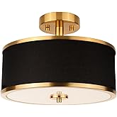 Edwarmlux 3-Light Semi Flush Mount Ceiling Light Fixture, 12.6" Gold Drum Light with Black Fabric Shade, Modern Close to Ceil