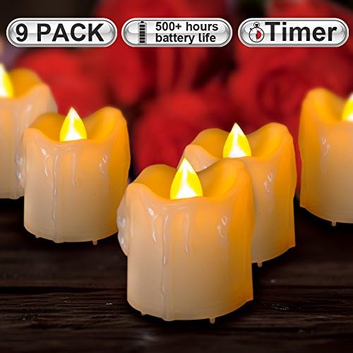 Beichi Flameless LED Candles, Battery Operated Votive Candles with Timer, Unscented Electric Candles in Warm Yellow Flame, 500+ Working Hours, Set of 9, D 1.5" xH 2"