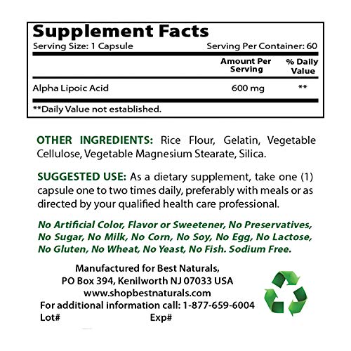 Best Naturals Alpha Lipoic Acid 600 mg 60 Capsules ALA Powerful
