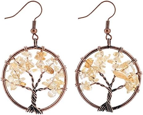 Tree of Life Dangle Earrings Chakra Jewelry Handmade of Life Amethyst Rose Crystal Earrings Gemstone Chakra Jewelry Mothers Day Gifts (Bronze Citrine)
